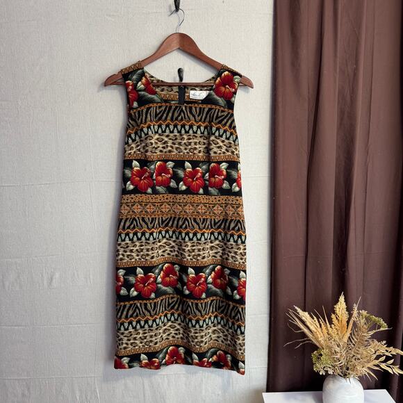Kathie Lee Dress Size 8 Sleeveless Brown Red Floral Animal Print Tribal - Picture 1 of 9